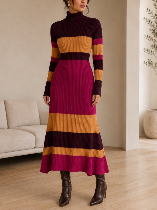 Dresses & Skirts - Ribbed Turtleneck Striped Knit Maxi Dress - Plum, Magenta & Mustard